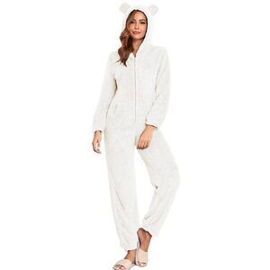 9702 Fleece Onesie Pajamas Fuzzy Sherpa Hooded Romper One Piece Winter